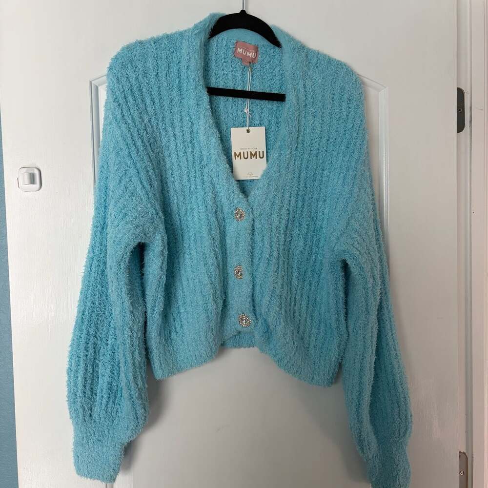 Show Me Your Mumu Clemmie Cardi Highlighter Blue Knit Cardigan Sweater Size M